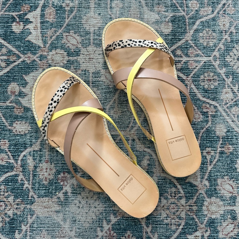 Dolce Vita Yellow, Beige & Black Spotted Multi-Strap Slide Sandals